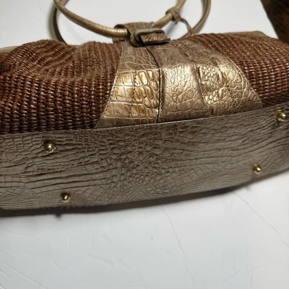 Brahmin Straw Satchel Bag Gold Crocodile Leather Brown Croc Shimmer